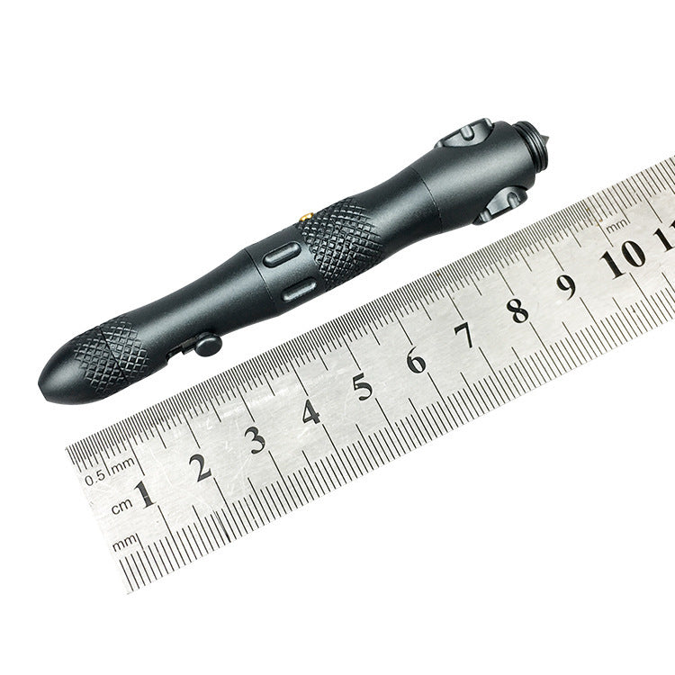 Tactical pen with ruler displaying 10cm length, featuring black 6061 aluminum alloy body and multifunctional fingertip gyro design.