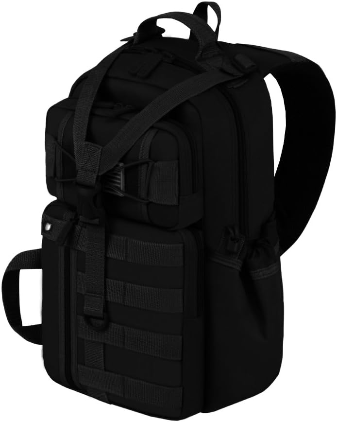 Black EastWest U.S.A RT525 waterproof traveling bag with adjustable strap, MOLLE system, and multiple pockets for organization.