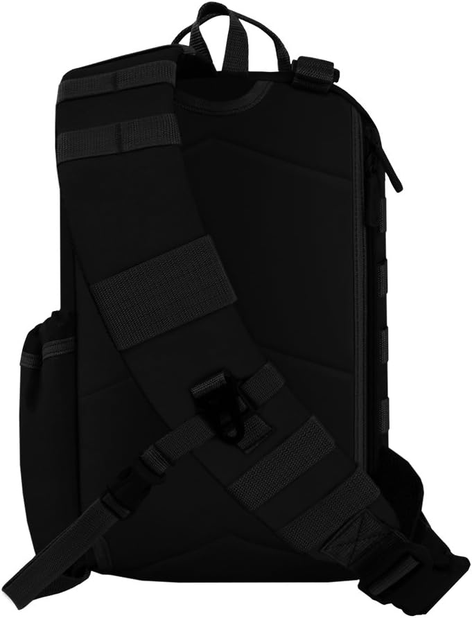 Black EastWest U.S.A RT525 waterproof traveling bag with adjustable strap and MOLLE system, showing back view.