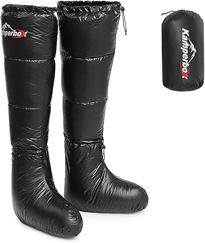 Kamperbox down socks long boots for warmth, in black, with storage bag. Perfect for camping and outdoor use.