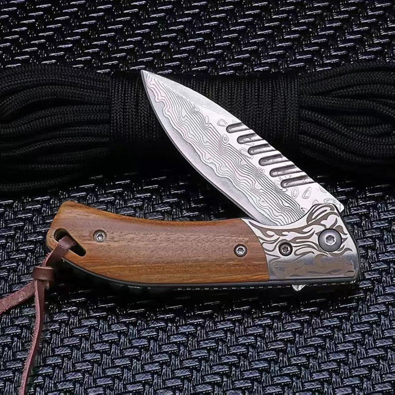 Damascus Steel Folding Knife | Wooden Handle