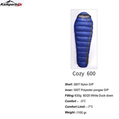 Kamperbox Cozy 600 duck down sleeping bag featuring durable 380T Nylon shell and 630g filling, ideal for cold-weather camping.