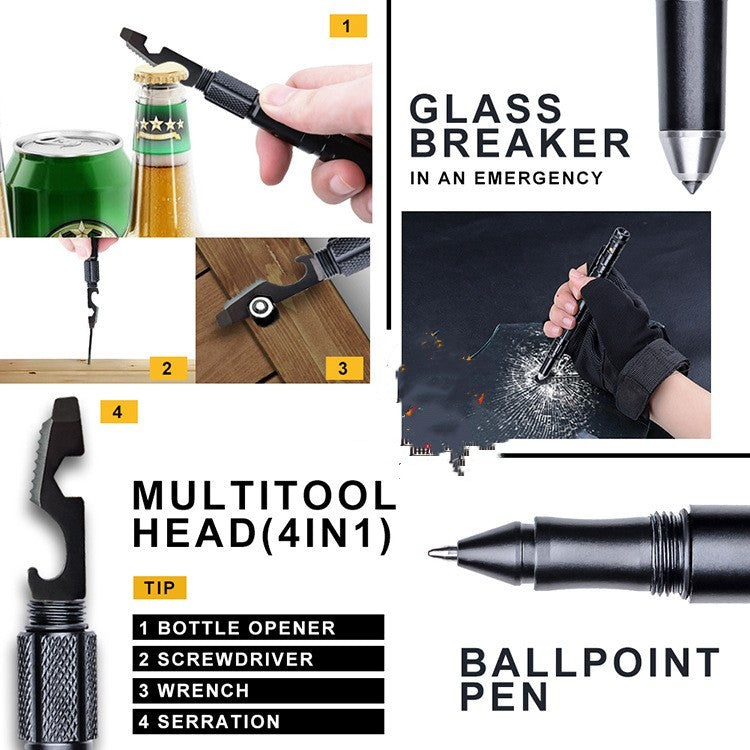 Tactical pen with multifunctional features including glass breaker, bottle opener, screwdriver, wrench, and ballpoint pen.