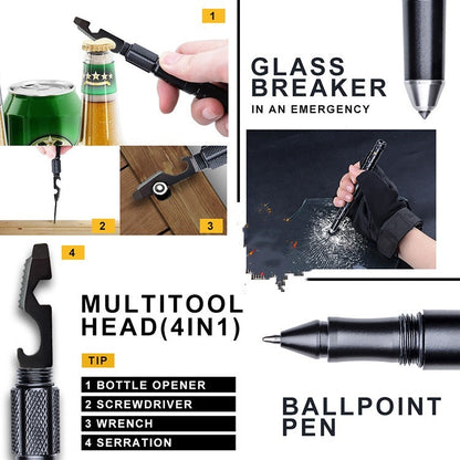 Tactical pen with multifunctional features including glass breaker, bottle opener, screwdriver, wrench, and ballpoint pen.