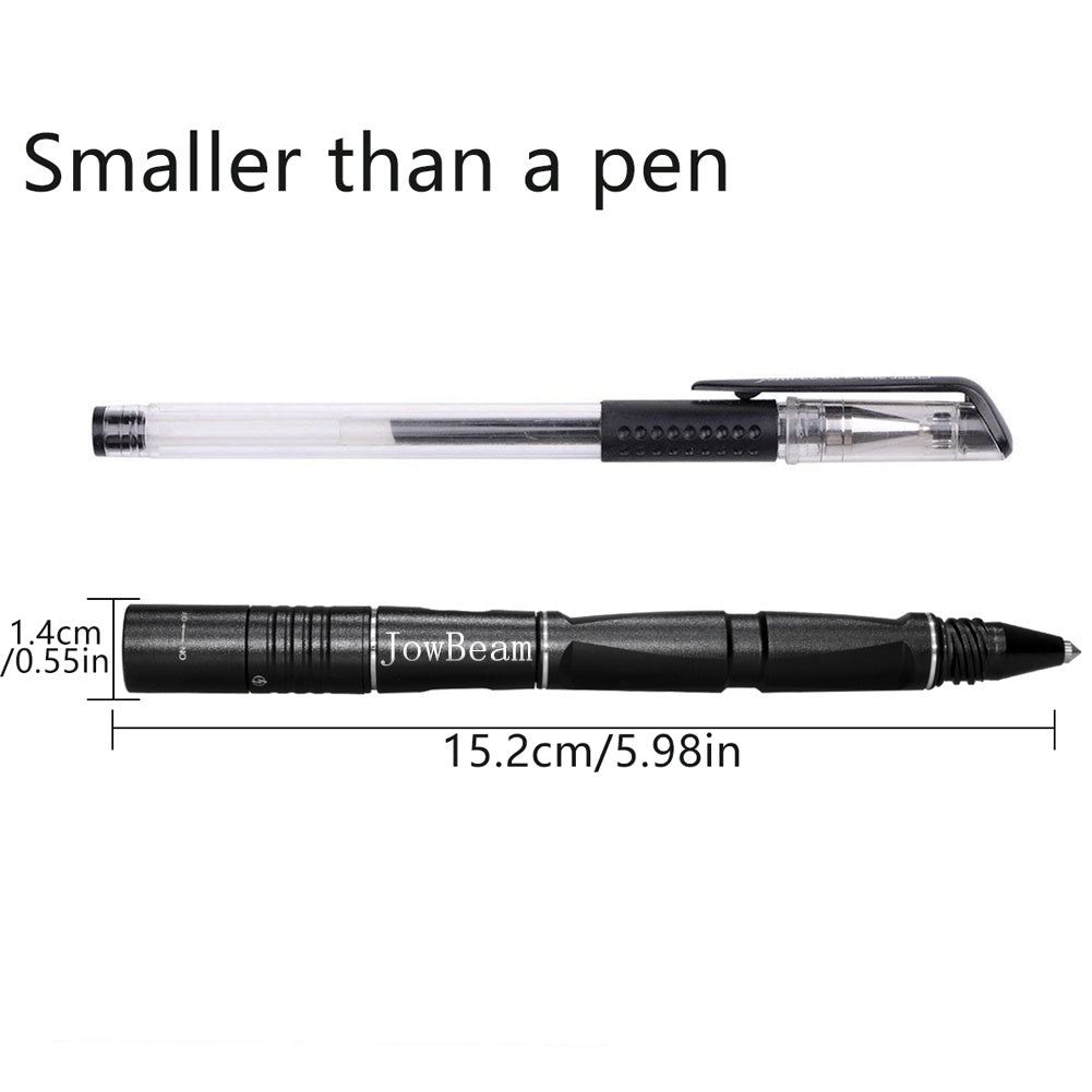 3-in-1 multifunctional tactical pen, compact size comparison with standard pen, featuring pen clip and tungsten steel tip for glass breaking.