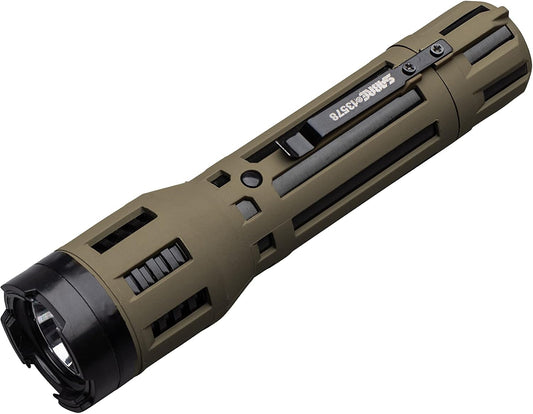 SABRE U.S.A Stun Gun Torch with 1.820 µC charge and 120 lumens, featuring a rechargeable battery and safety switch.