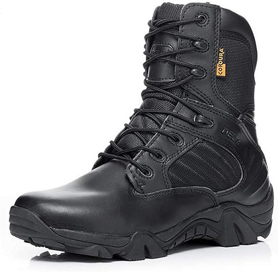 black leather military boots single boot view