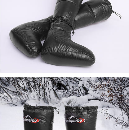 Black Kamperbox long down socks boots for winter outdoors, waterproof material.