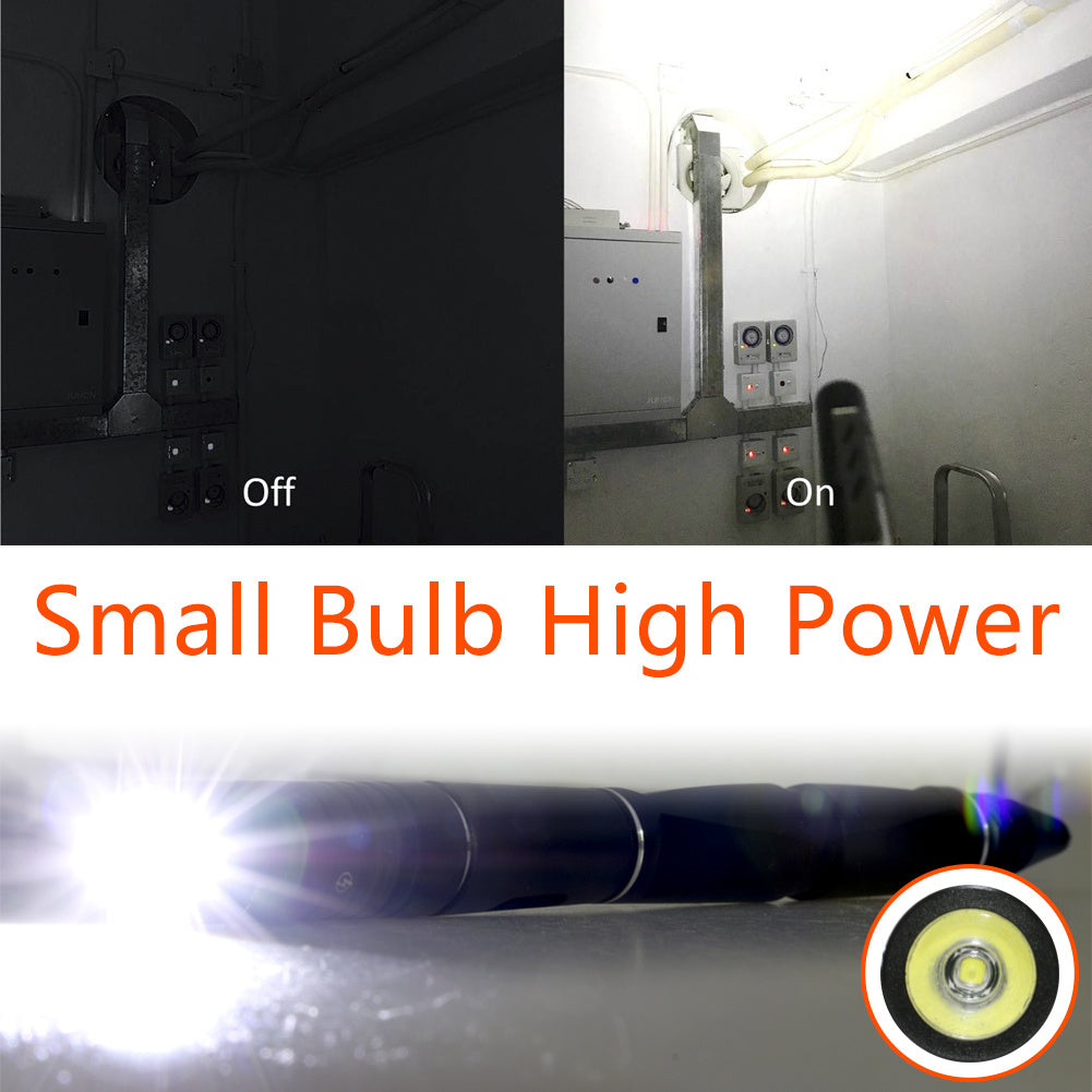 Tactical pen illuminating a dark room demonstrating its high-power small bulb feature.