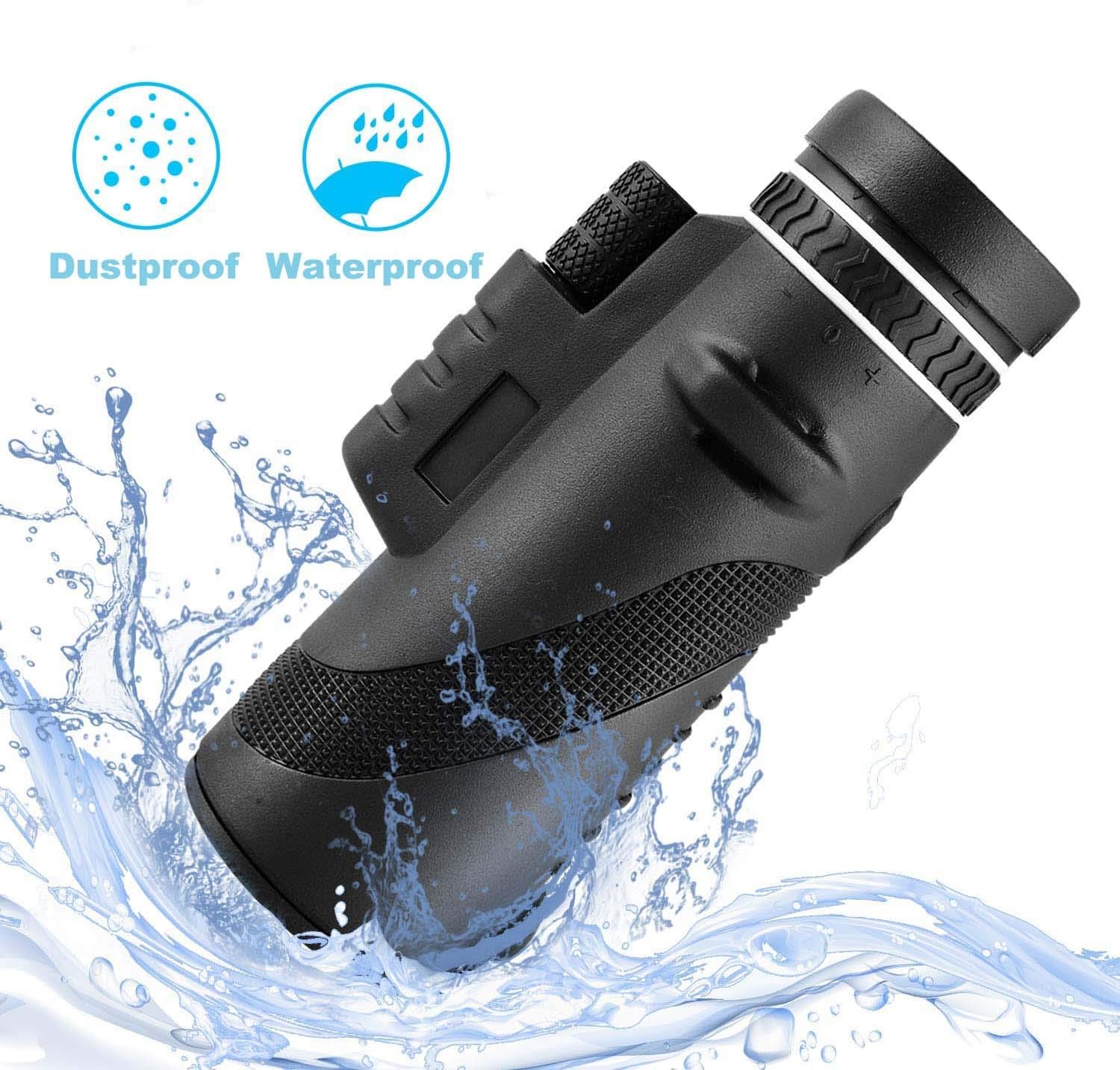 Starscope Monocular Gen 3 10X42, dustproof and waterproof, immersed in water droplets, showcasing durability and precision.