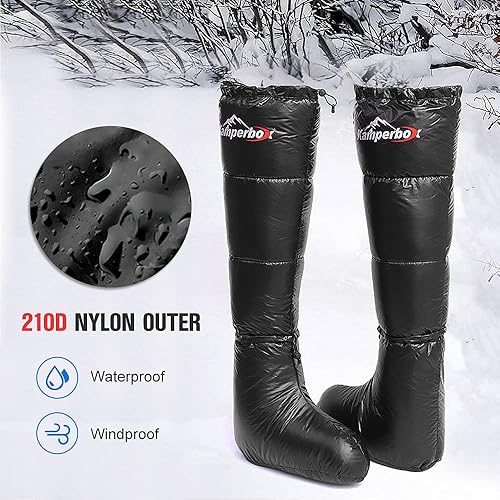 Long down socks boots with waterproof 20D nylon, designed for outdoor winter use.