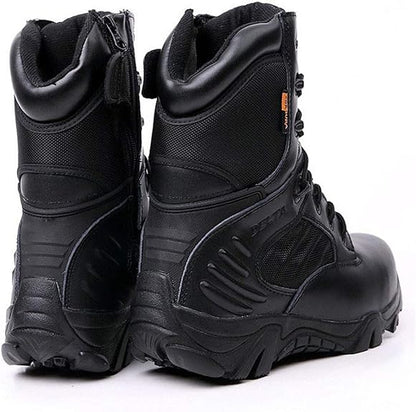 black leather military boots from backside view