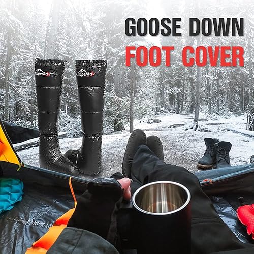 "Kamperbox Down Socks Long for Winter Camping in Snowy Forest"