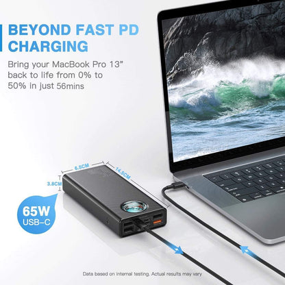 Baseus BS-30KP365 power bank quickly charging a MacBook Pro, showcasing 65W USB-C fast charging capability.