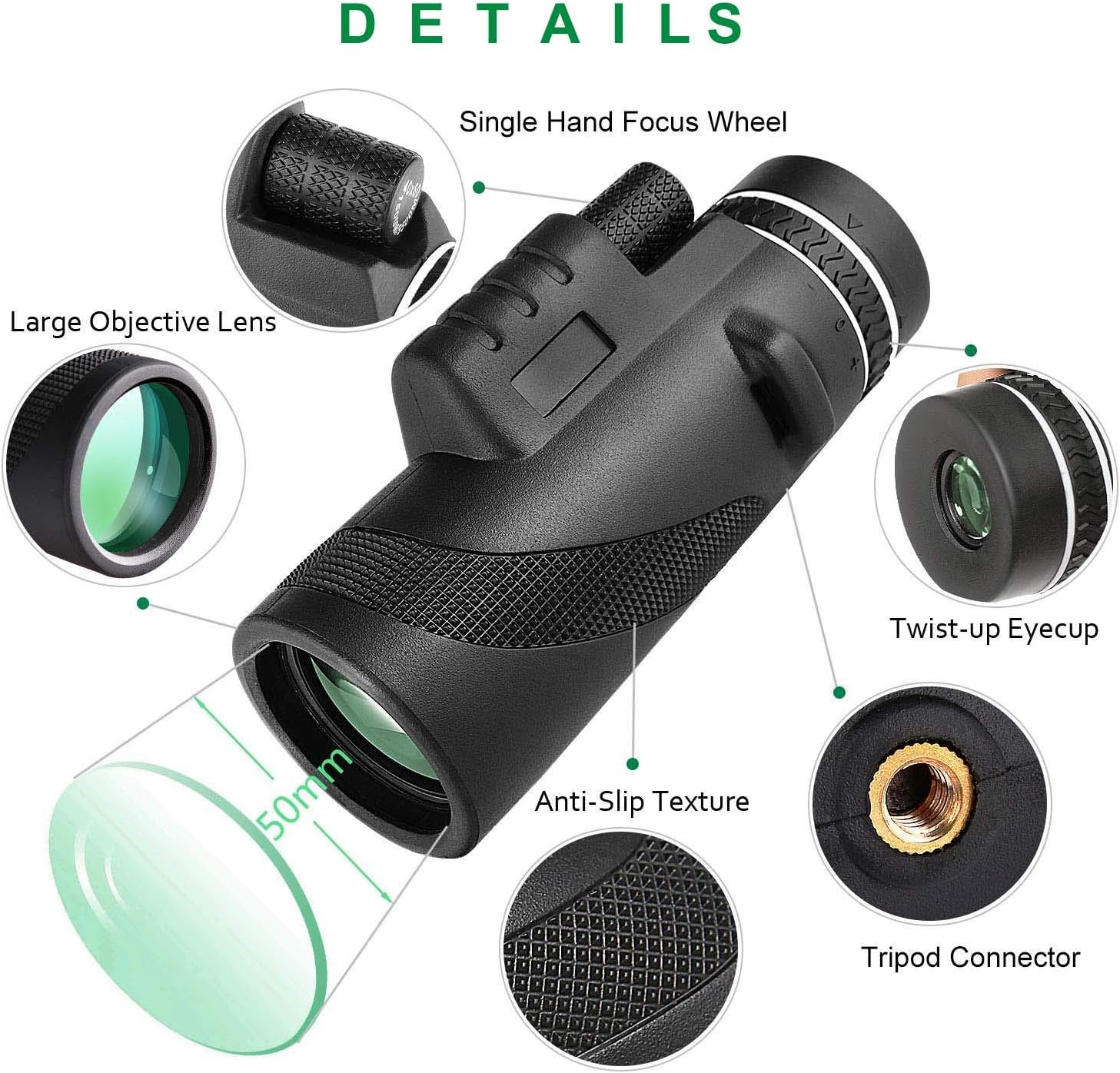 Starscope Monocular Gen 3 with focus wheel, objective lens, eyecup, anti-slip texture, and tripod connector features.