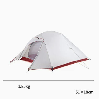 Portable Rain Proof Tent for 1 to 3 persons with double structure, made of polyester nylon cloth and aluminum alloy support, white and red.