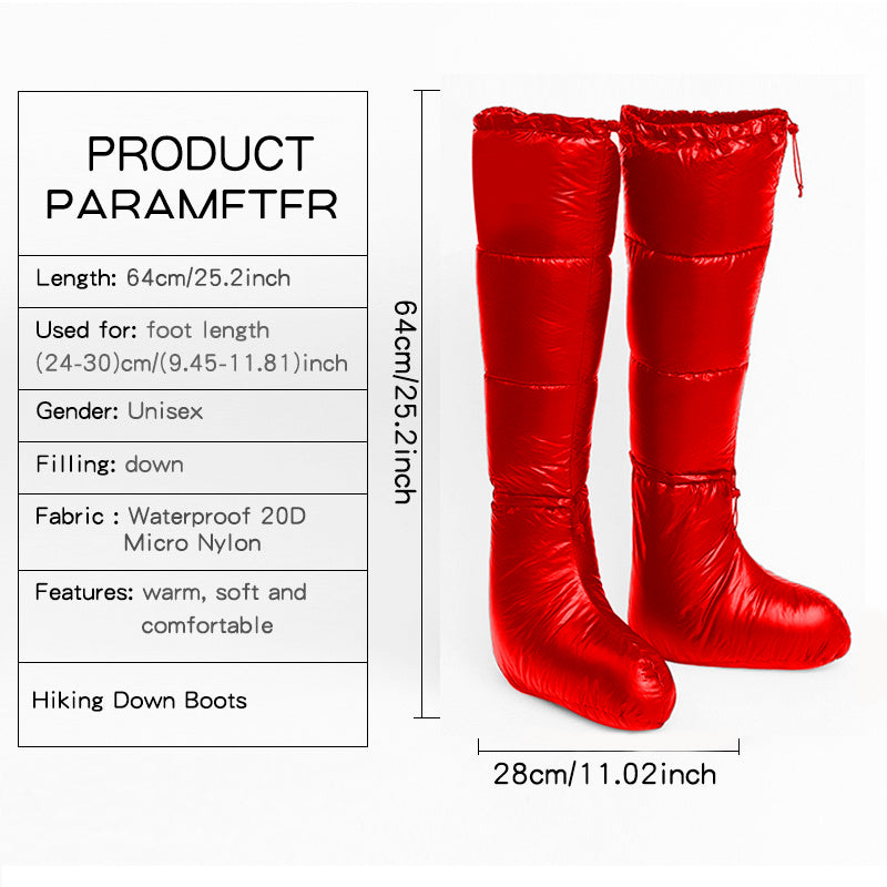 Red down socks boots with waterproof 20D micro nylon, 64cm long for unisex, warm and comfortable for hiking.