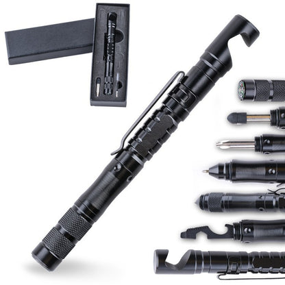 EDC Multi Functional Tactical Pen with tools for writing, fire making, cutting, and more. Aluminum alloy and stainless steel design.