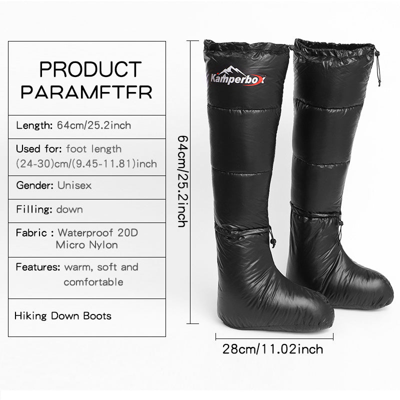 Kamperbox down socks long boots, waterproof nylon, warm winter footwear.