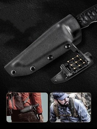 Fixed blade D2 Steel knife in sheath with outdoor gear, sturdy G10 composite handle for bushcraft, survival tools, and everyday carry (EDC)