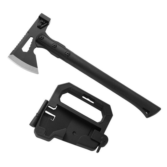 Multifunctional tactical axe with black handle and sheath, ideal for camping and outdoor survival activities