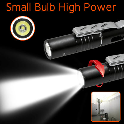 Tactical pen with small high-power bulb, USB charging, and pocket clip, demonstrating bright light beam.