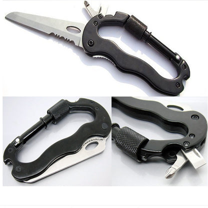 Multifunctional EDC Carabiner with blade, screwdriver, and saw features, black aluminum, compact tactical pen accessory