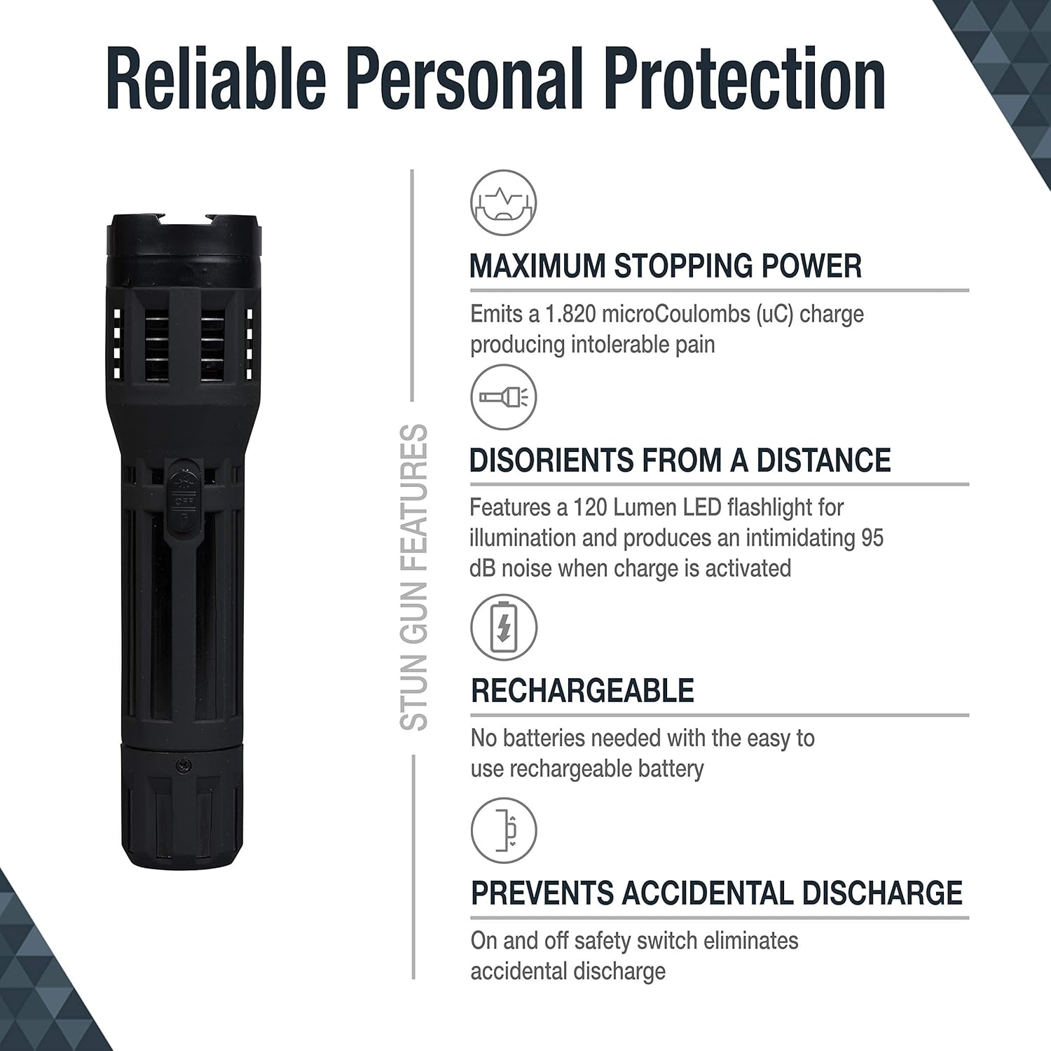 SABRE stun gun torch with 1.820 µC charge, 120 lumen LED, rechargeable battery; reliable personal protection features.