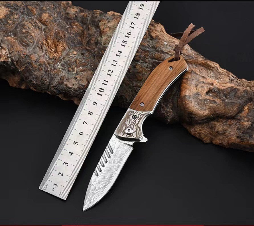 Damascus Steel Folding Knife | Wooden Handle