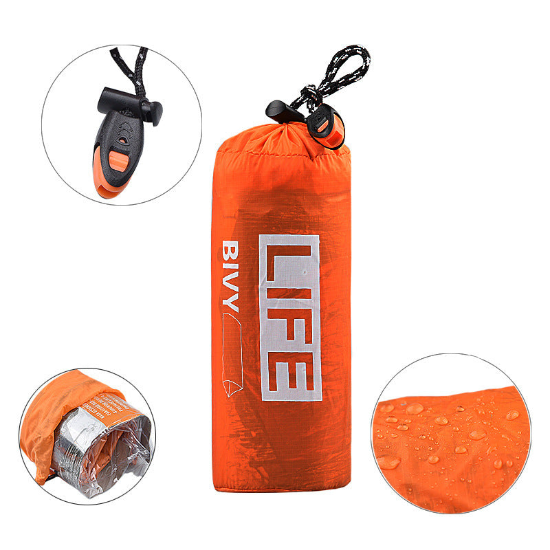 Ultra Light Emergency Tent in orange outer bag with water-resistant material and detail views of components.