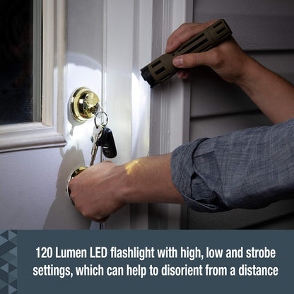 Person using SABRE U.S.A stun gun torch to illuminate door lock with 120 lumen LED flashlight, showing high, low, and strobe settings.