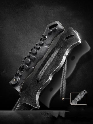 Fixed blade D2 Steel survival knife with G10 composite handle for bushcraft and everyday carry (EDC) against a dark background