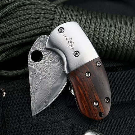 Mini Damascus Steel Folding Knife with Wooden Handle and CNC Water Grinding Blade on Outdoor Gear