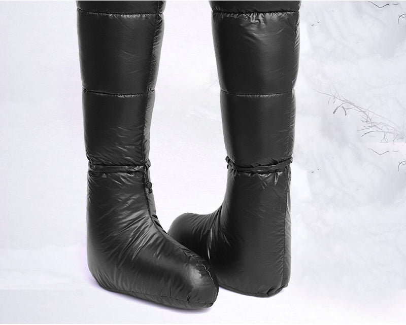 Black long down socks boots for winter camping and indoor comfort