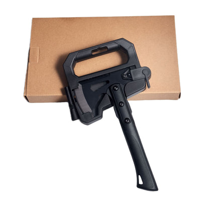 Multifunctional tactical axe with black handle and sheath against brown box packaging