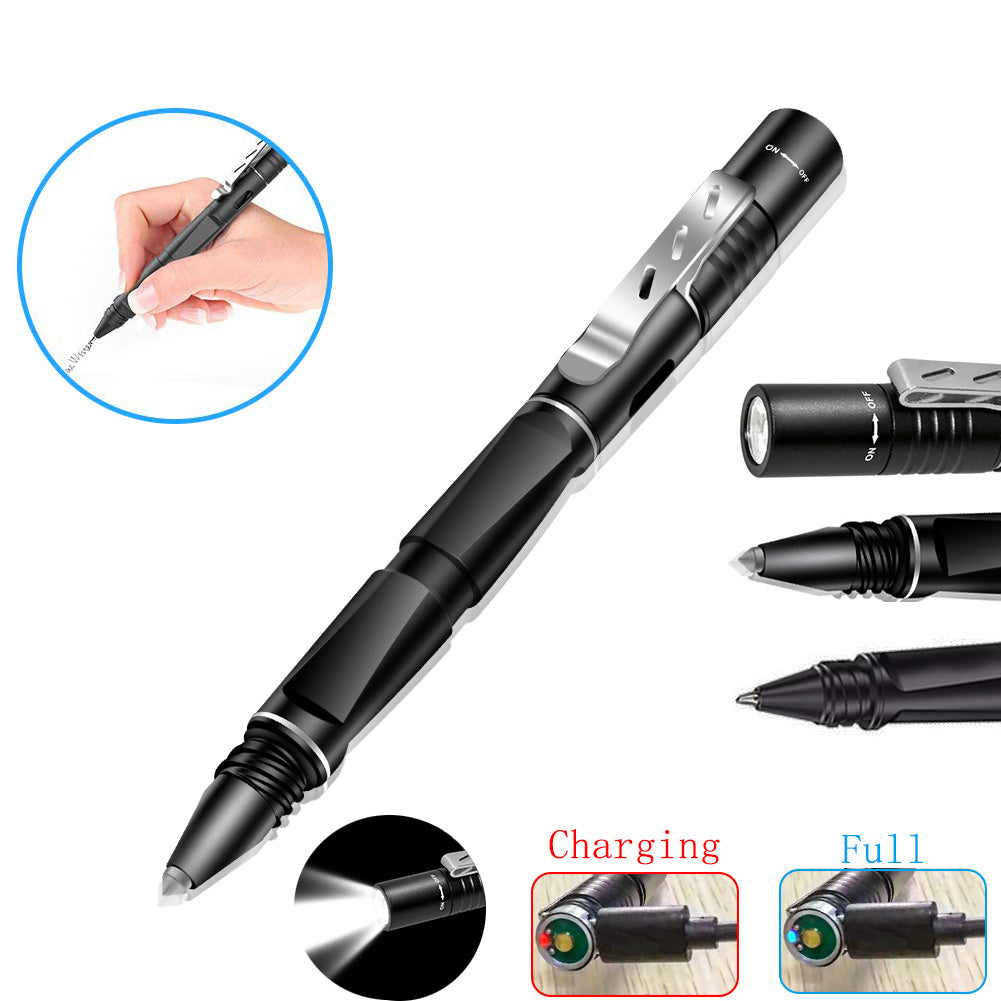 3-in-1 multifunctional tactical pen with USB charging, tungsten steel tip, and pen clip, featuring a light and compact design.