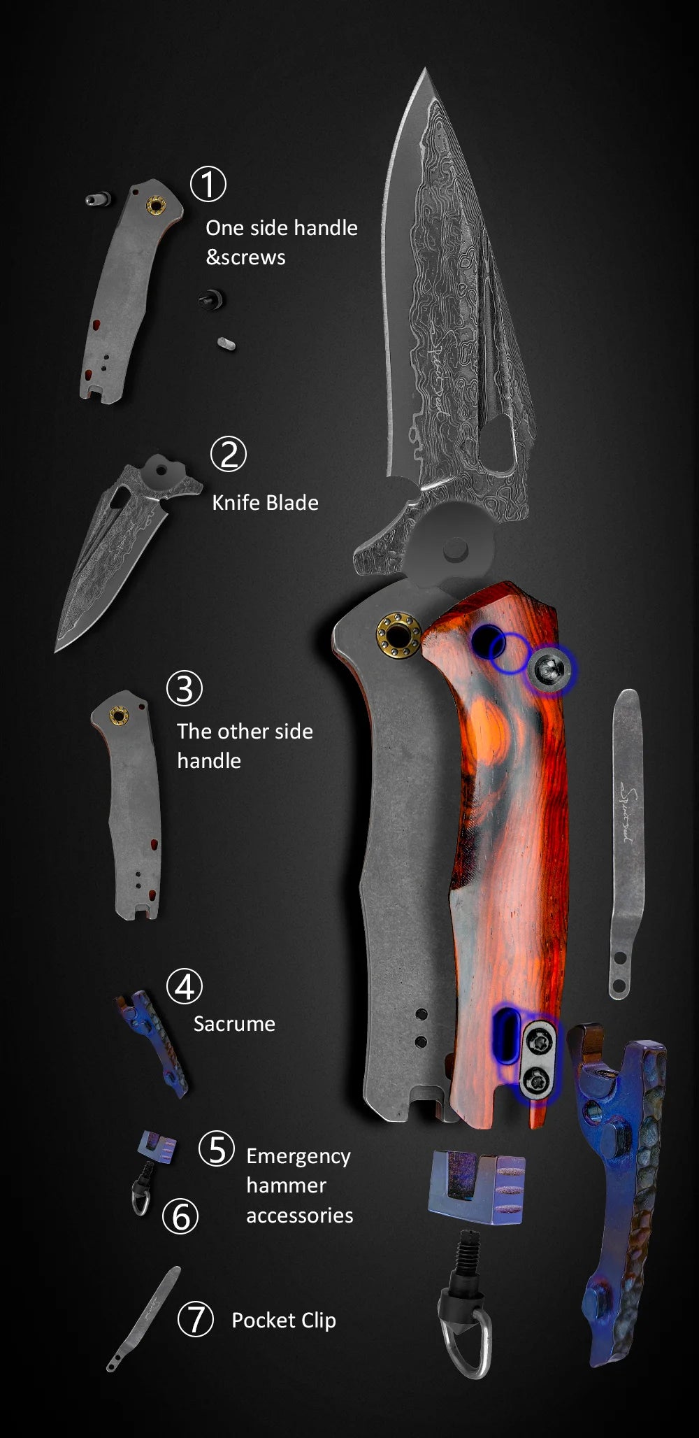 Disassembled Damascus Steel Knife showing blade, rosewood handle, sacrum, screws, emergency hammer, and pocket clip.