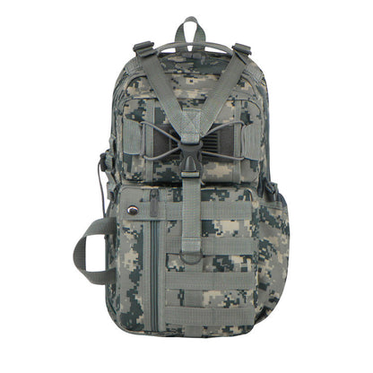 Camouflage traveling bag with MOLLE system and adjustable straps for outdoor adventures.