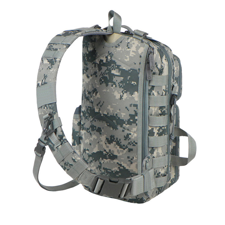 Camouflage EastWest USA RT525 waterproof traveling bag with adjustable mesh strap and MOLLE system.