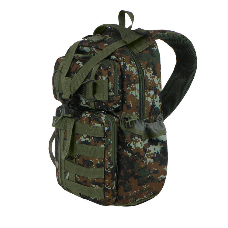 Camouflage EastWest U.S.A RT525 waterproof traveling bag with MOLLE system and adjustable strap, designed for organized storage.