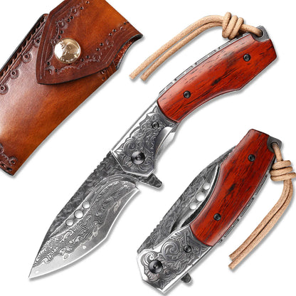 Damascus steel knife with rosewood handle and leather sheath.