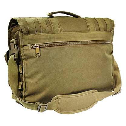 Coyote Brown tactical laptop carry bag with MOLLE pouches and sturdy strap.