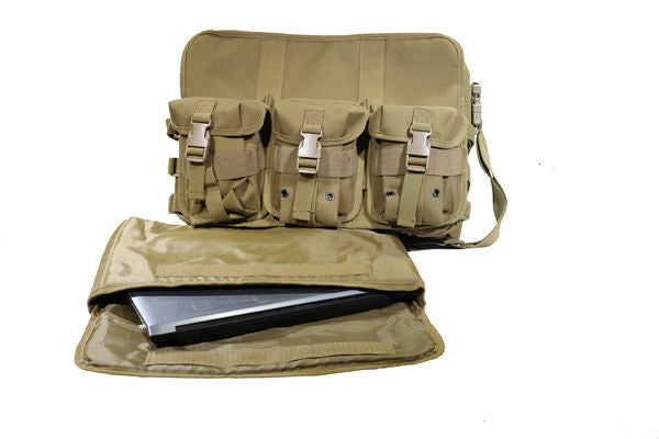 Tactical laptop carry bag in coyote brown with MOLLE pouches and open laptop compartment.