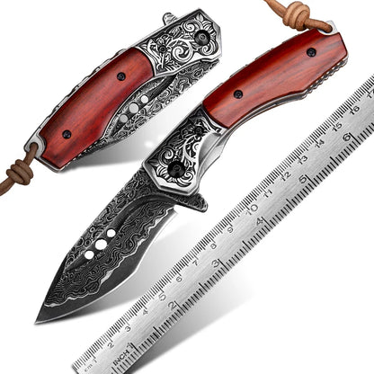 Damascus Steel Knife with Handmade Rosewood Handle and Leather Sheath, 67 Layers, 60±2 HRC, Tactical Folding Pocket Knife