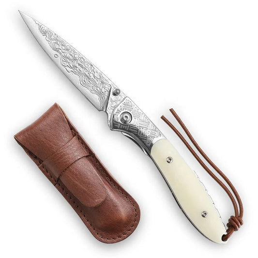 Damascus Steel Knife with Bone Handle and Leather Sheath