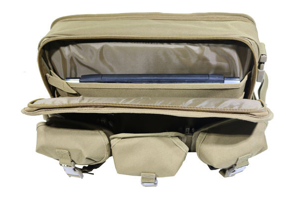 Coyote brown tactical laptop carry bag with open compartments showing Molle pouches and sturdy construction.