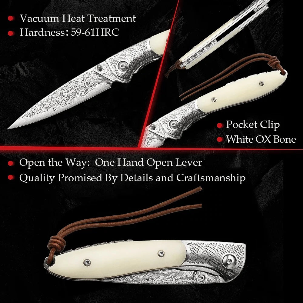 Damascus steel folding knife with bone handle and leather sheath, 67 layers, 59-61HRC hardness, vacuum heat-treated blade, pocket clip