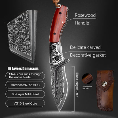 Damascus steel knife with rosewood handle, intricate carvings, leather sheath, 60±2 HRC hardness, and 67 layers of steel.