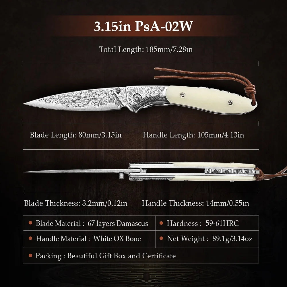 67 Layers Damascus Steel Knife with Bone Handle and Leather Sheath specifications.