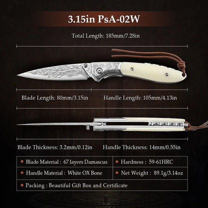 67 Layers Damascus Steel Knife with Bone Handle and Leather Sheath specifications.